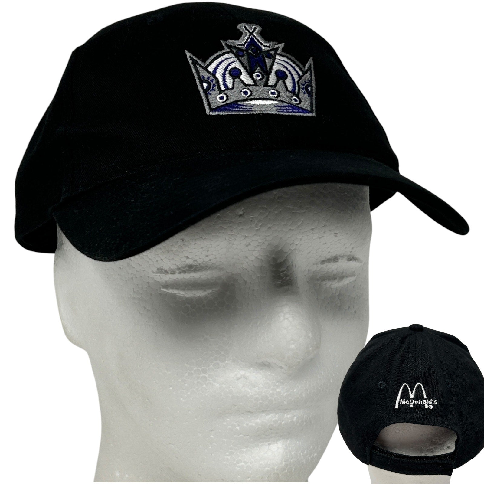 Black baseball cap featuring Los Angeles Kings crown logo on front and McDonald's logo on back