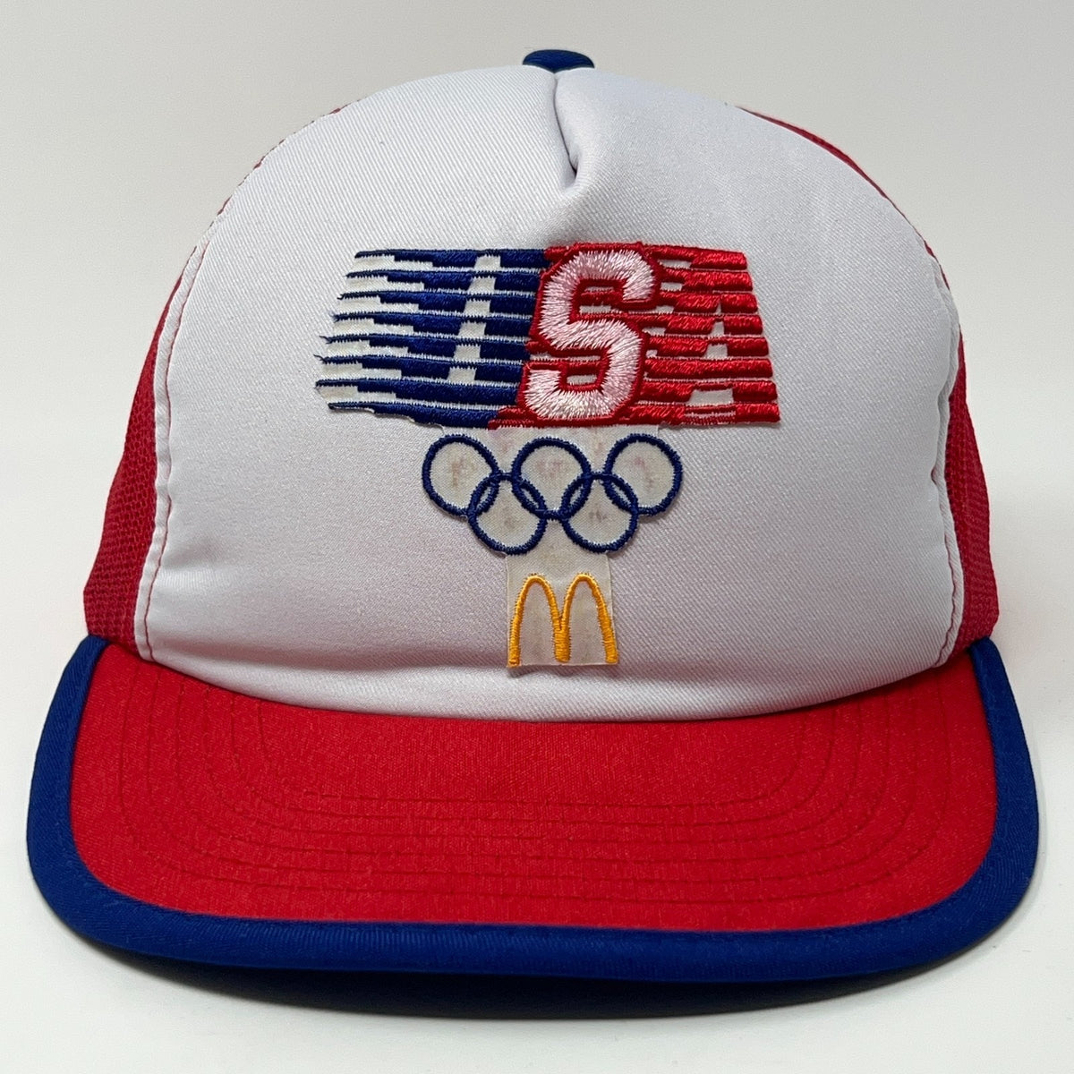 Vintage USA Olympics Cap with Red and White Colors and Embroidered Olympic Rings