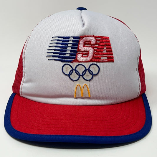 Vintage USA Olympics Cap with Red and White Colors and Embroidered Olympic Rings