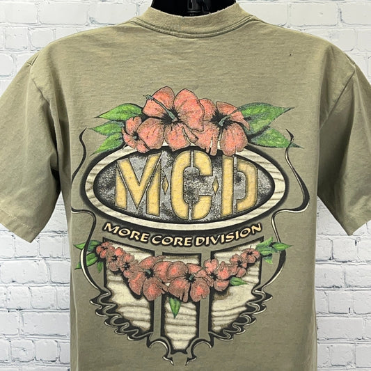 Vintage Surfer T-shirt in olive green with floral prints and 'MCP More Core Division' logo on back