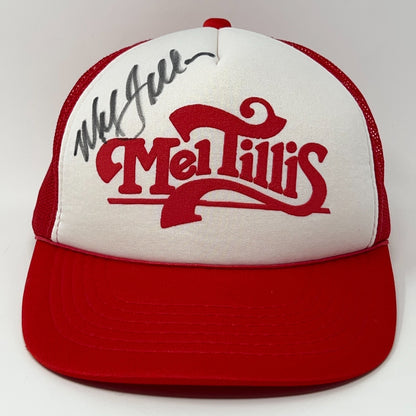 Vintage red and white cap featuring Mel Tillis signature with bold logo design on the front