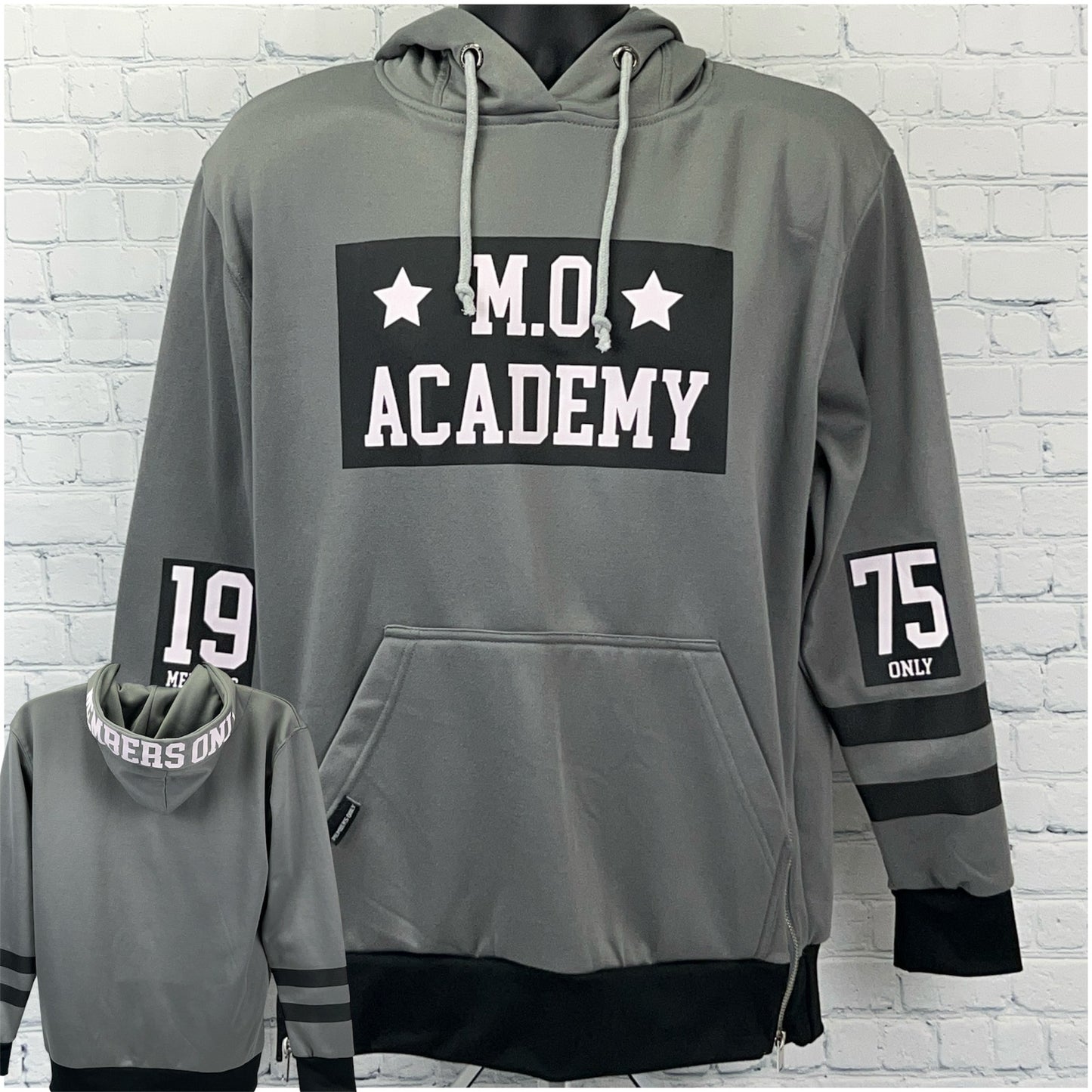 Members Only Gray Hoodie with M.O. Academy Logo, Front View, Size Large