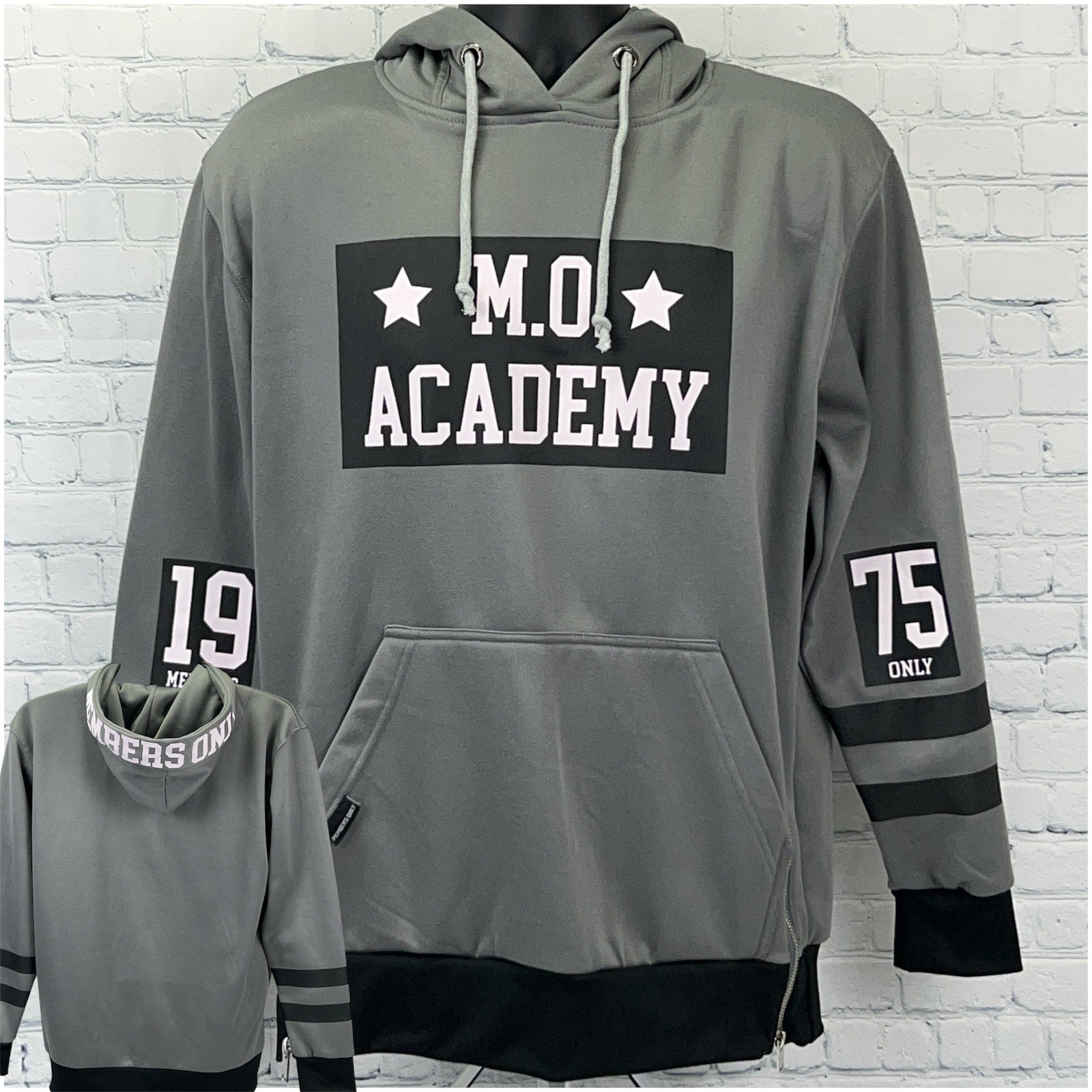 Members Only Gray Hoodie with M.O. Academy Logo, Front View, Size Large