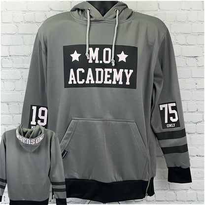 Members Only Gray Hoodie with M.O. Academy Logo, Front View, Size Large