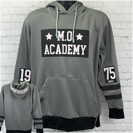 Members Only Gray Hoodie with M.O. Academy Logo, Front View, Size Large