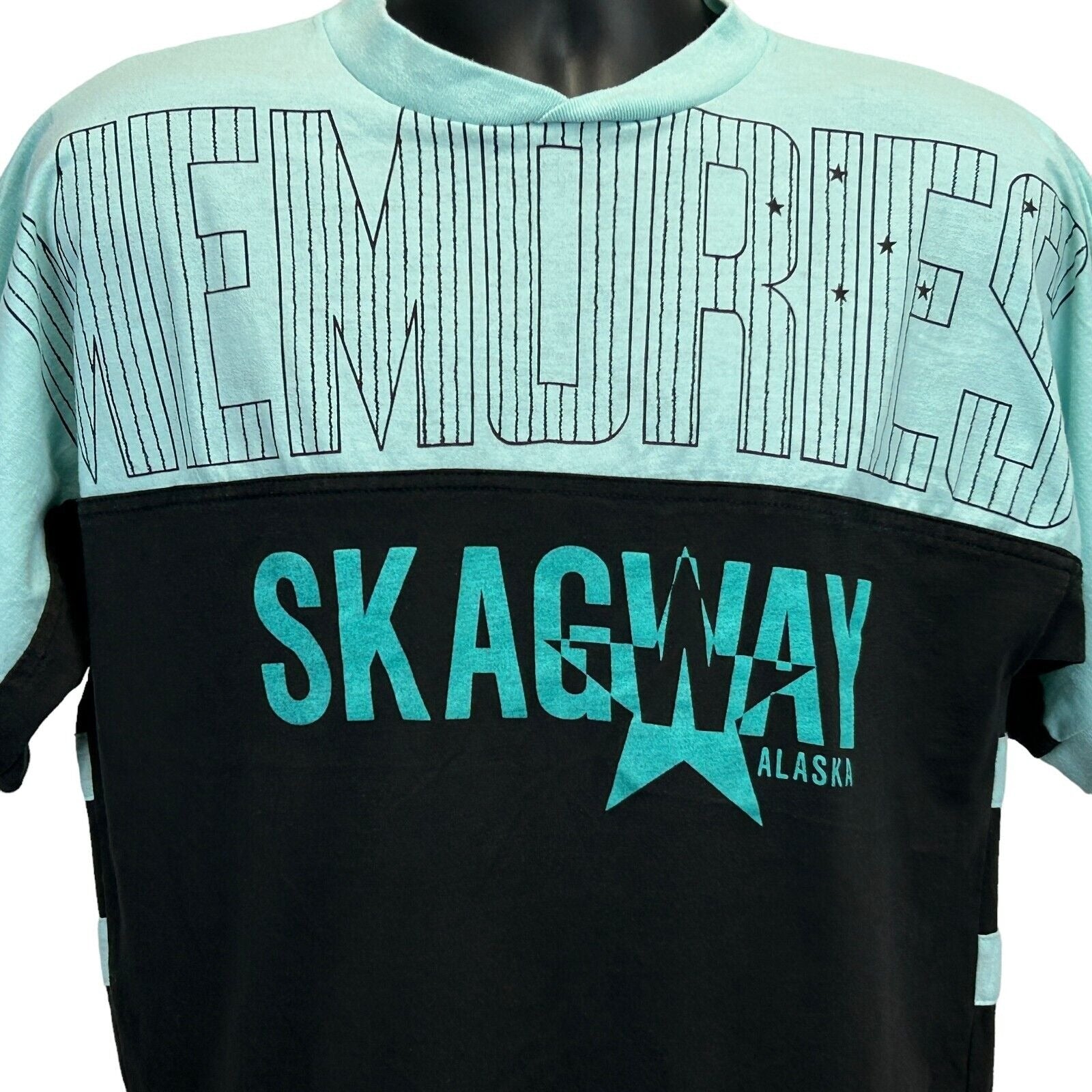 Vintage T-Shirt in teal and black featuring Skagway Alaska graphic, front view with bold lettering