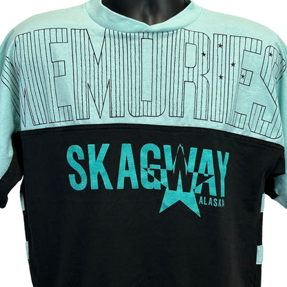 Vintage T-Shirt in teal and black featuring Skagway Alaska graphic, front view with bold lettering