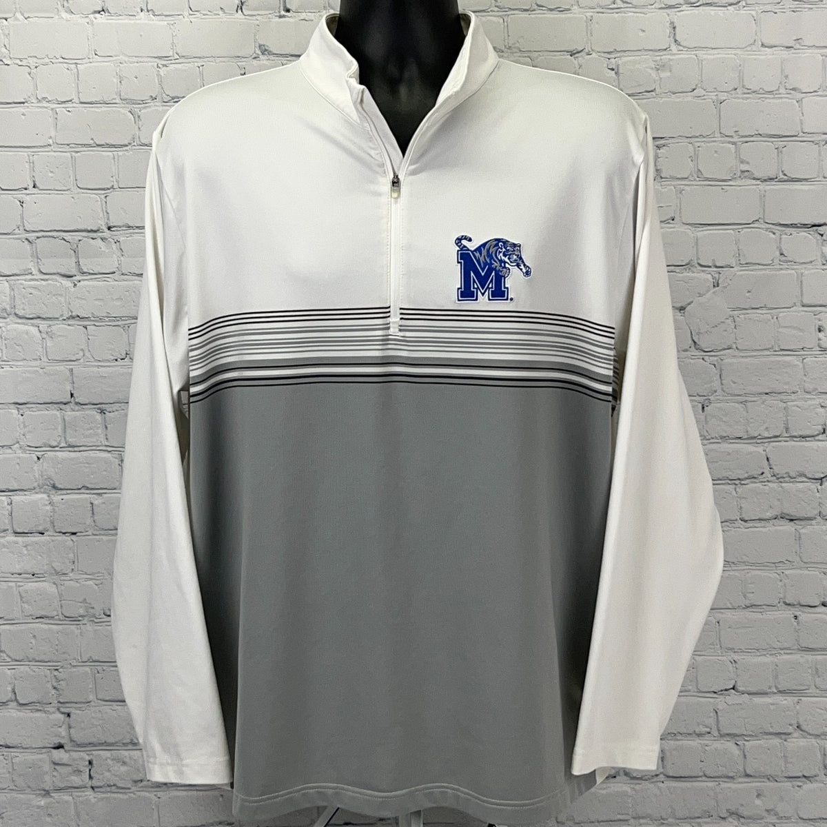 Antigua Memphis Tigers Quarter-Zip Pullover in White and Gray with Embroidered Logo and Striped Design