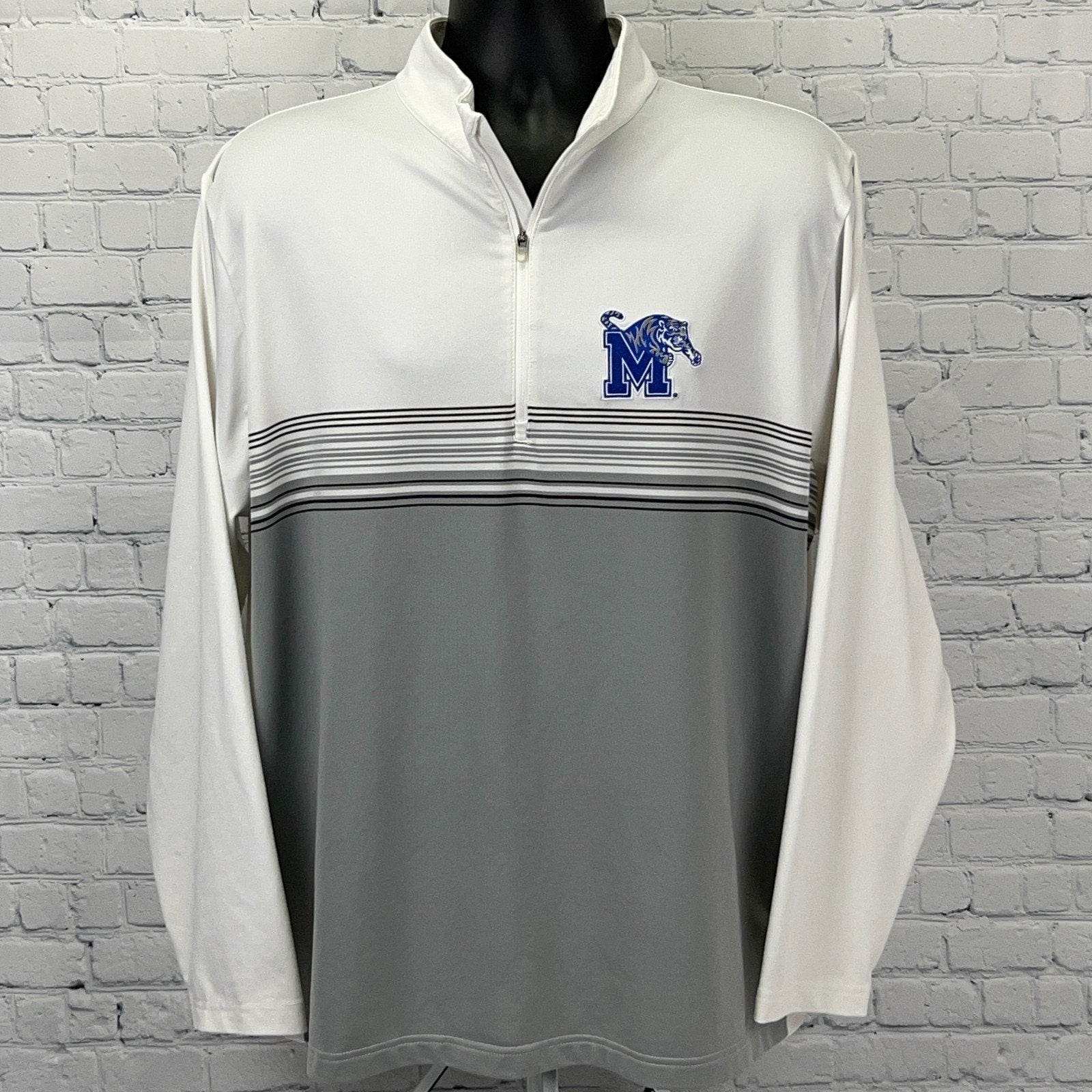 Antigua Memphis Tigers Quarter-Zip Pullover in White and Gray with Embroidered Logo and Striped Design