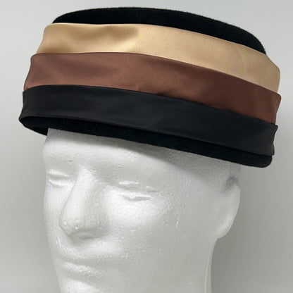 Merrimac vintage satin-striped hat in black, brown, and beige colors with a classic design