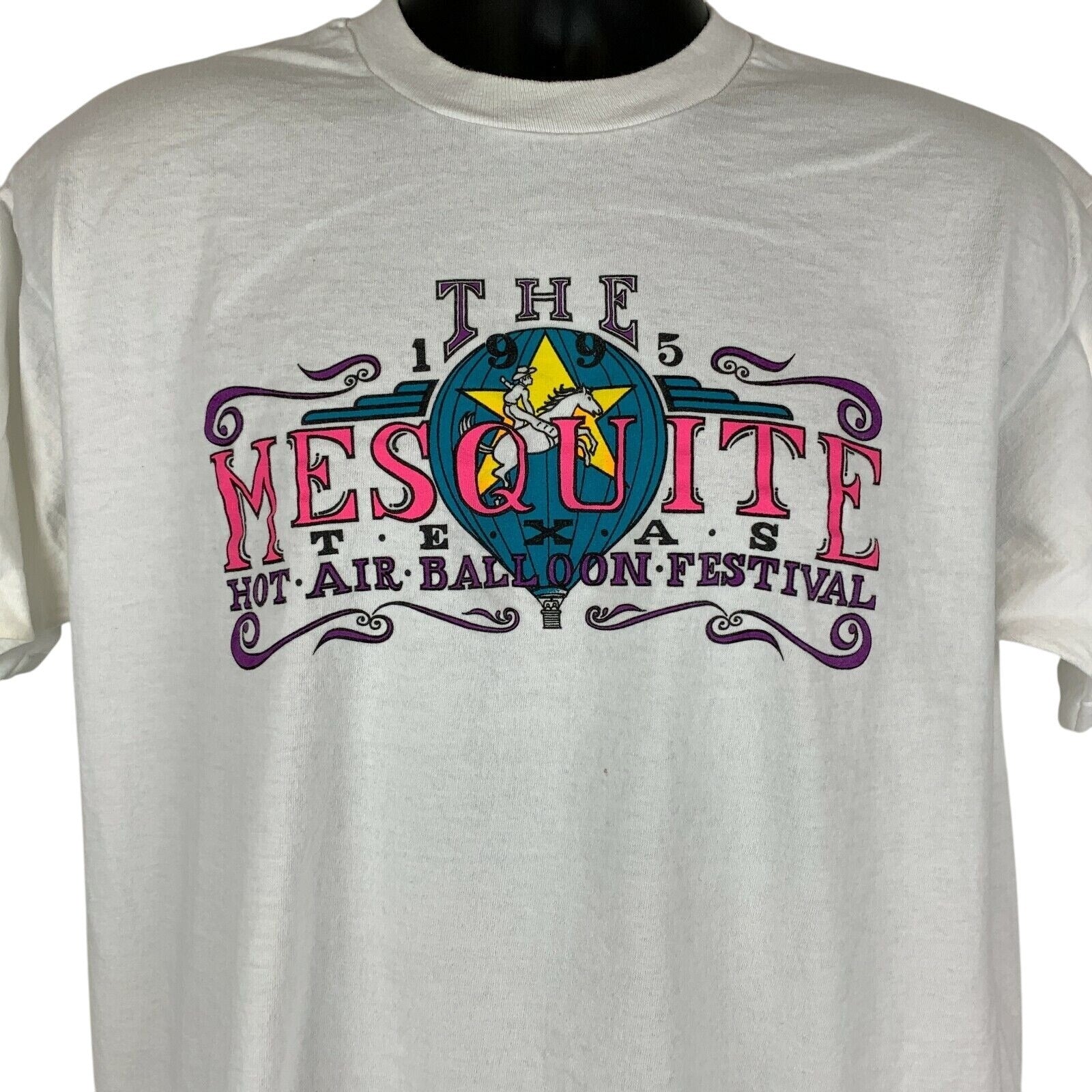 Front view of a white Fruit of the Loom T-Shirt featuring the Mesquite Hot Air Balloon Festival graphic