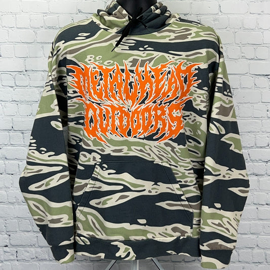 Metalhead Outdoors hooded sweatshirt in green camo with bold orange logo on the front