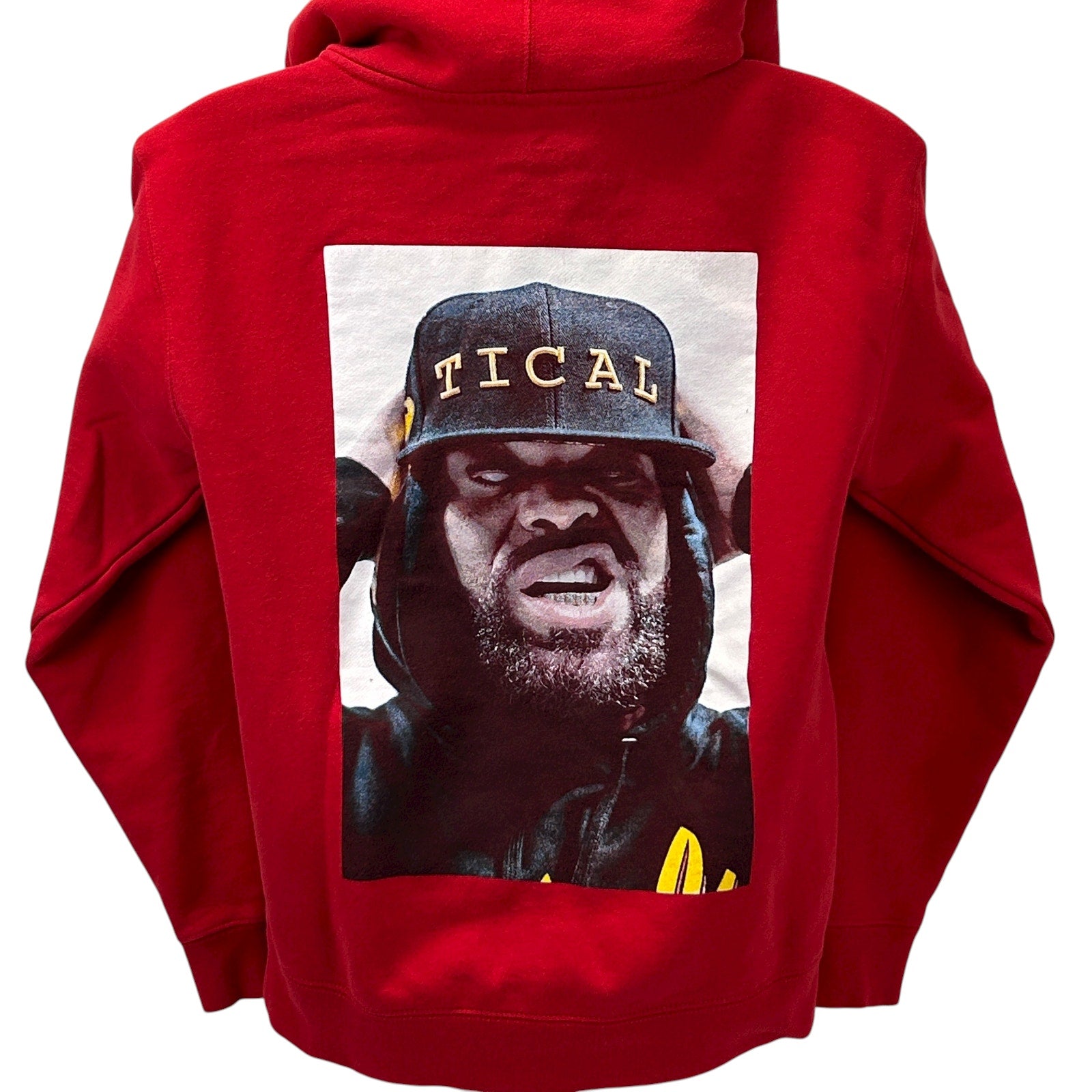 Red Tical Method Man Hoodie featuring a large graphic print on the back for a bold style