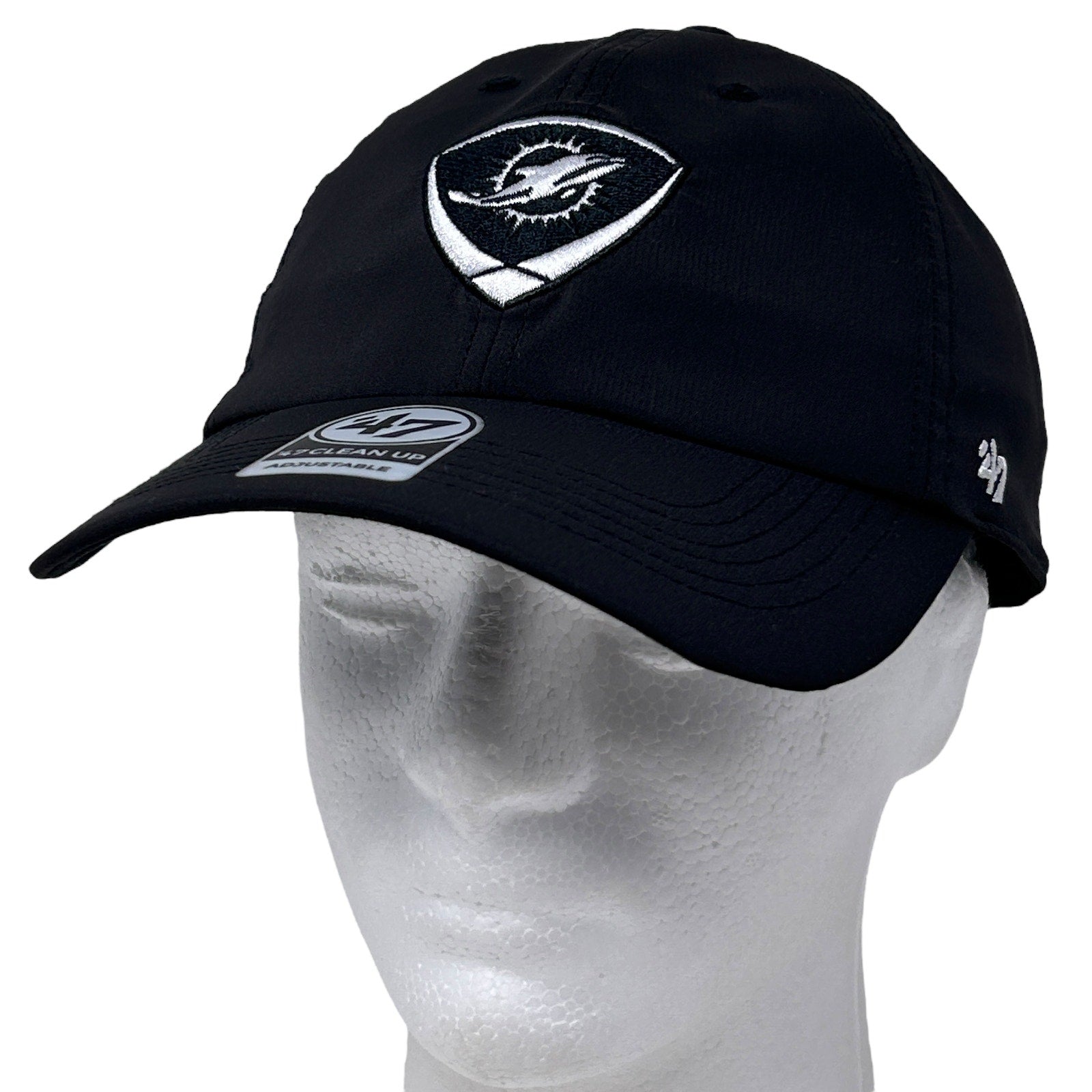 Front view of black ’47 Miami Dolphins hat with embroidered logo and adjustable strap