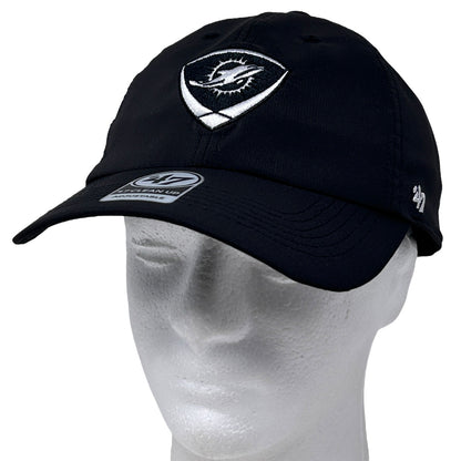 Front view of black ’47 Miami Dolphins hat with embroidered logo and adjustable strap