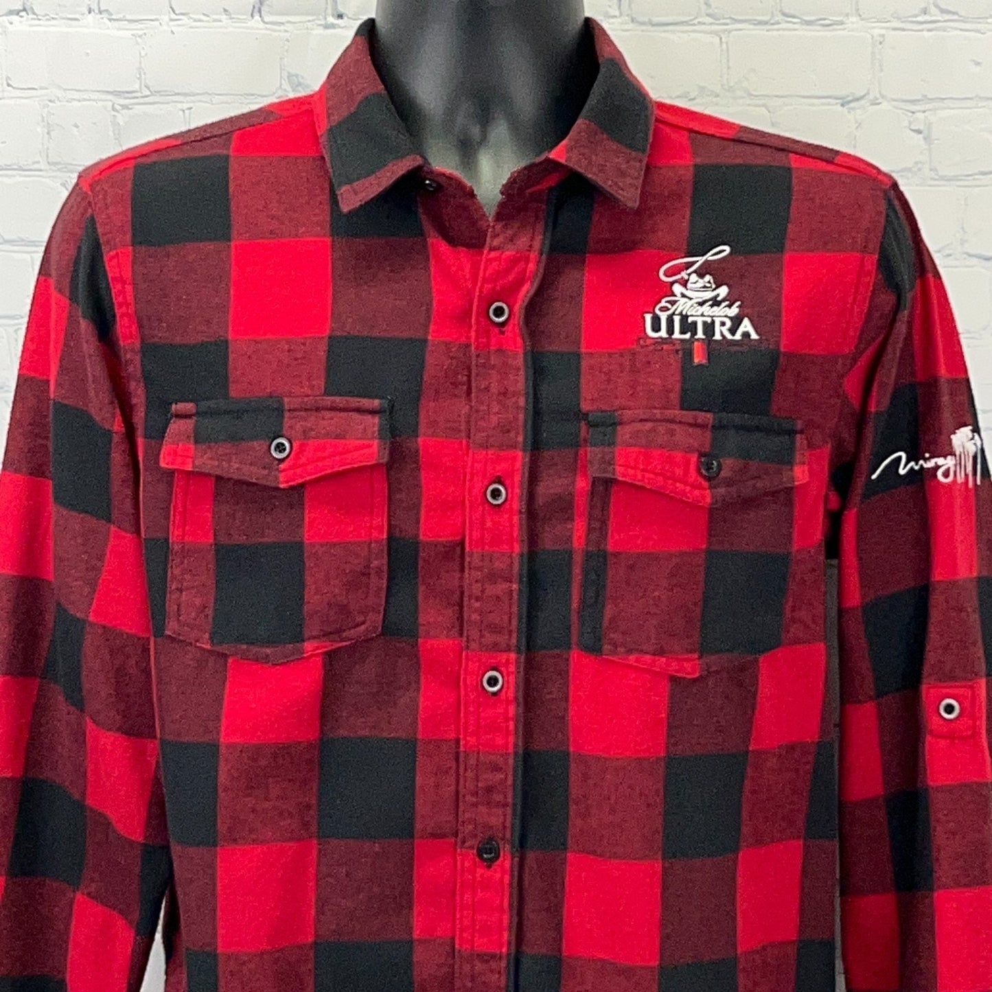 Burnside Red and Black Plaid Flannel Shirt with Michelob Ultra Logo on Chest and Left Sleeve