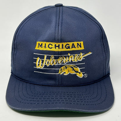 Front view of a navy Michigan Wolverines Hat with embroidered logo and vintage design