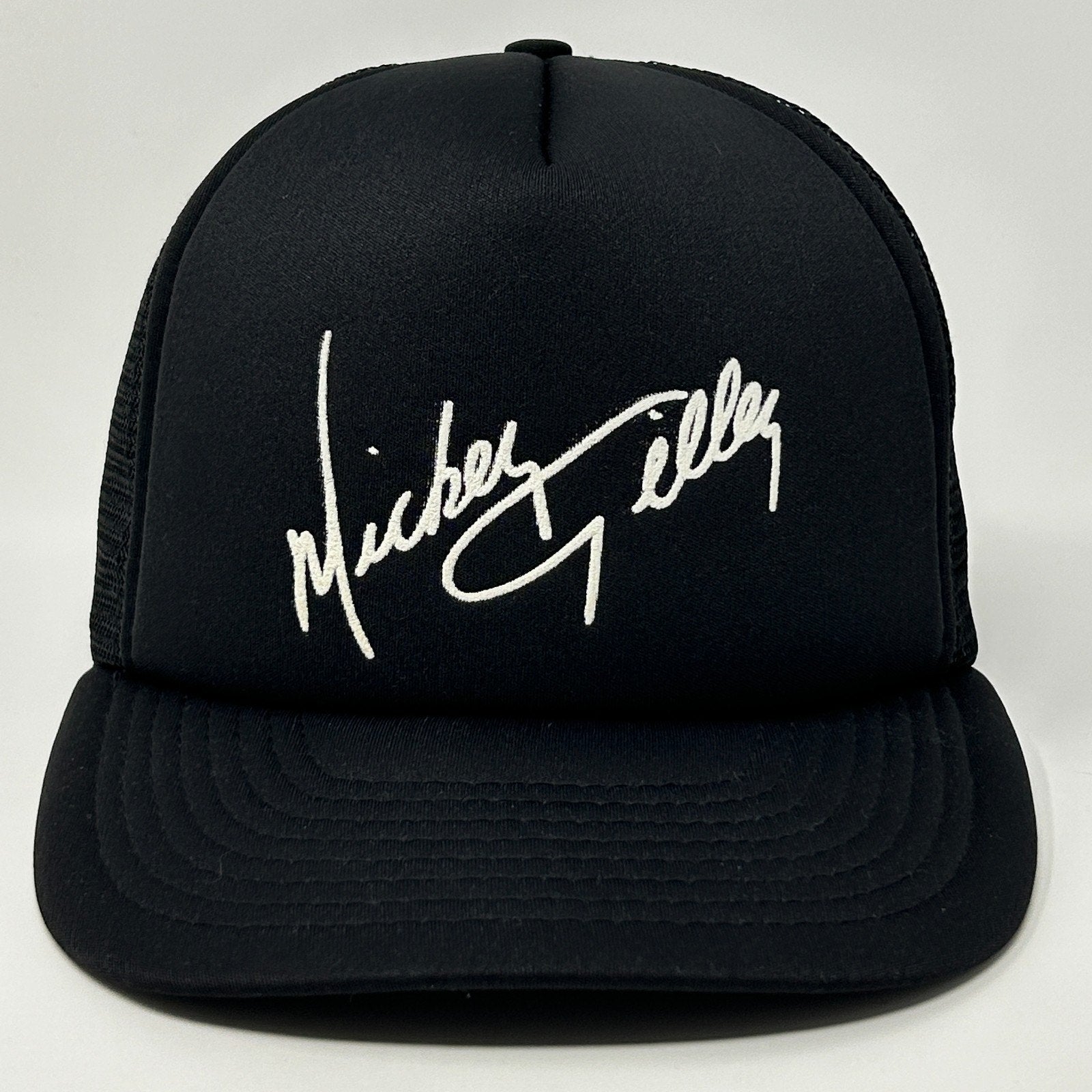 Black Vintage Trucker Hat with Mickey Gilley Signature in White on Front