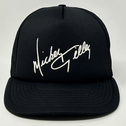 Black Vintage Trucker Hat with Mickey Gilley Signature in White on Front