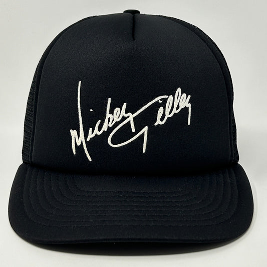 Black Vintage Trucker Hat with Mickey Gilley Signature in White on Front