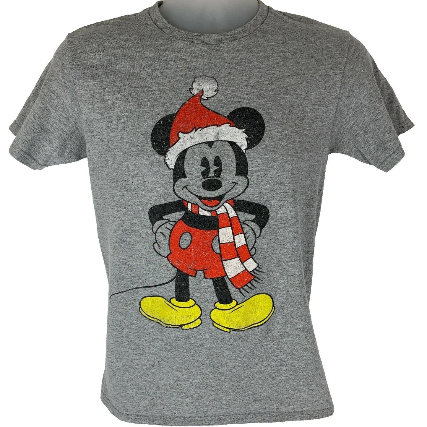 Gray T-Shirt featuring Mickey Mouse Christmas design with Santa hat and red scarf, front view