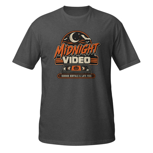 Dark gray Midnight Video T-shirt featuring a horror-themed graphic and bold text on the front