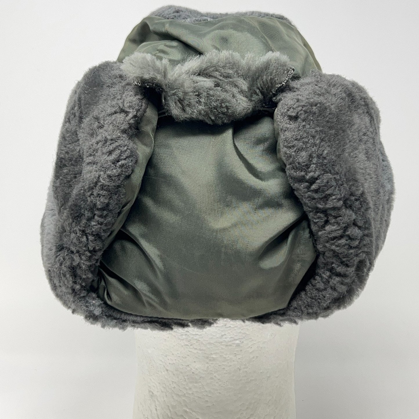 Vintage Gray Military Helmet with Fur Lining, Back View