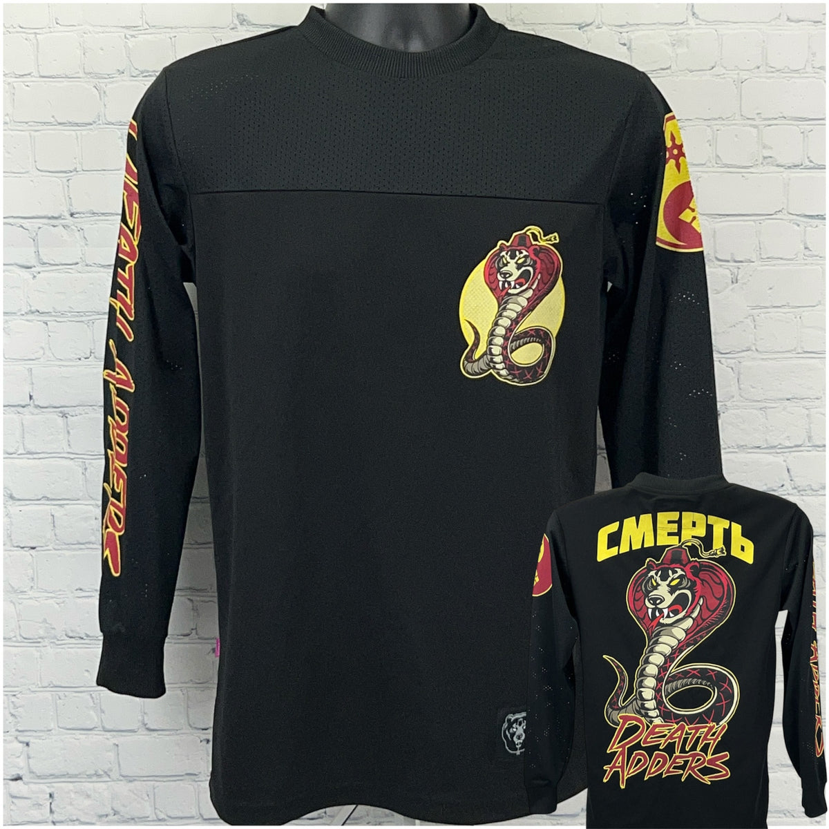 Mishka Death Adders Black Long Sleeve Shirt with Front Logo and Back Design featuring a Snake and Text