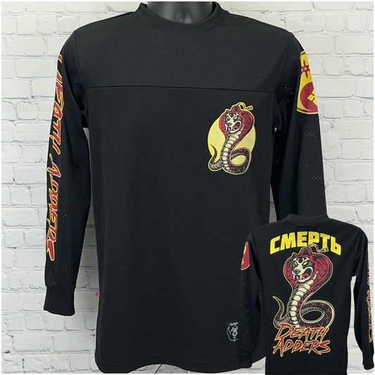 Mishka Death Adders Black Long Sleeve Shirt with Front Logo and Back Design featuring a Snake and Text