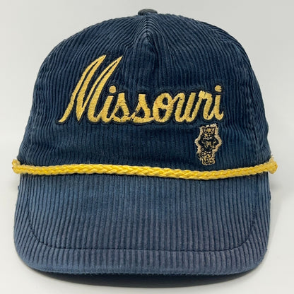 Front view of a navy blue corduroy cap with Missouri Tigers embroidered in gold and a state logo