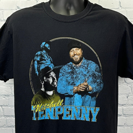 Front view of Mitchell Tenpenny T Shirt in black featuring vibrant graphic print and logo details