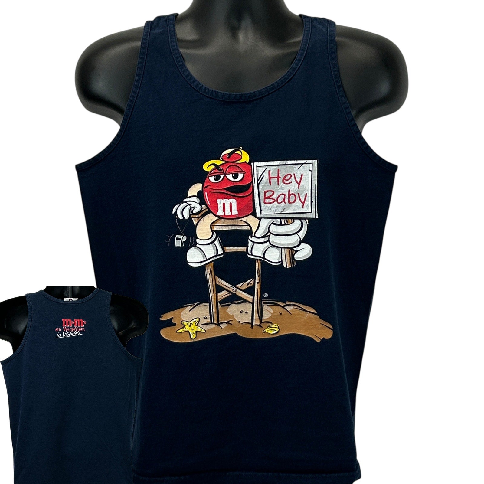 Front view of navy M & M tank top featuring cartoon M&M with 'Hey Baby' sign in large print