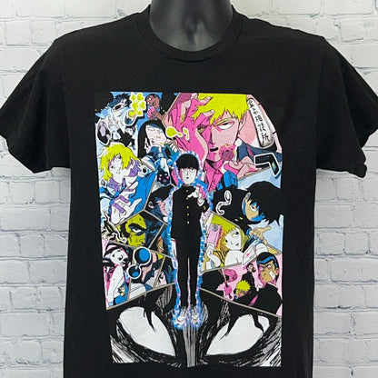 Black Mob Psycho 100 T-shirt featuring colorful graphic design of characters on the front