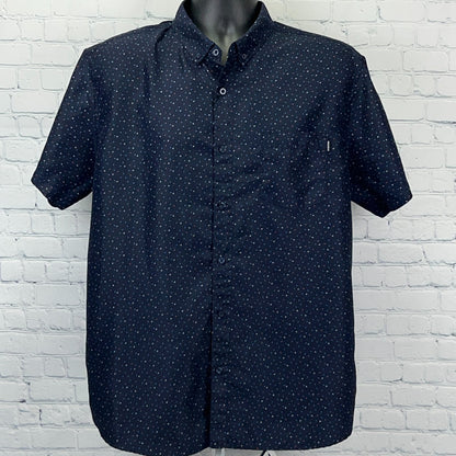 Molokai Surf Co navy short-sleeve button-up shirt with subtle pattern and chest pocket detail
