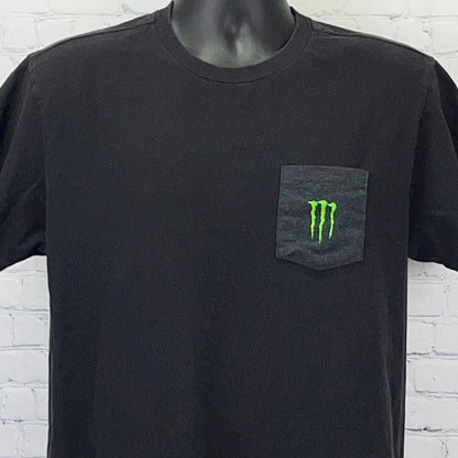 Black Monster Energy T-shirt with front pocket and green logo for casual wear