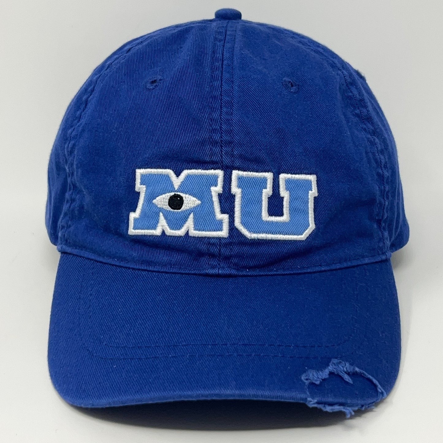 Disney Parks Authentic blue Monsters Inc. cap featuring MU logo with eye detail, front view