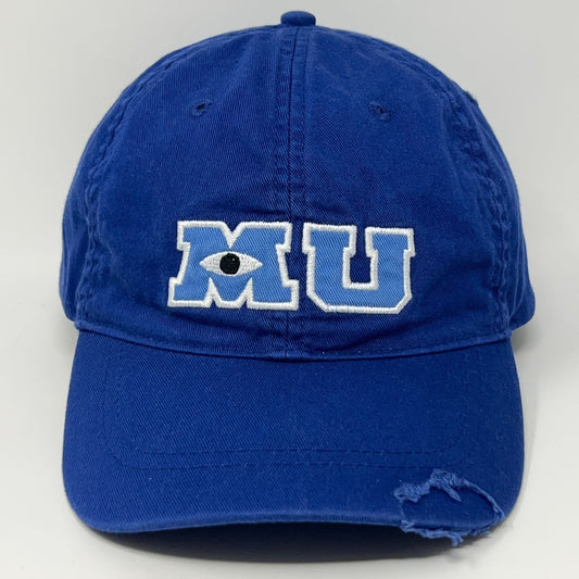 Disney Parks Authentic blue Monsters Inc. cap featuring MU logo with eye detail, front view