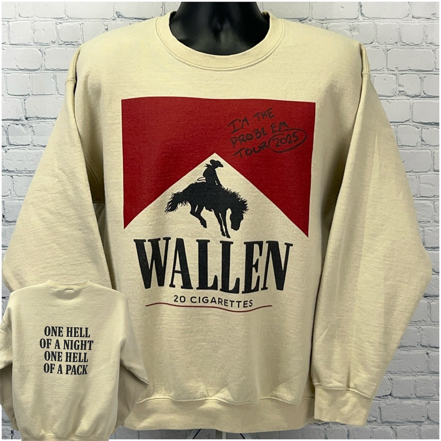 Gildan Morgan Wallen beige sweatshirt featuring bold graphic and text on front and back, size large