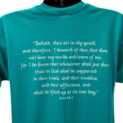 Turquoise Fruit of the Loom T-Shirt, size medium, featuring Mormon quote on the front in white lettering