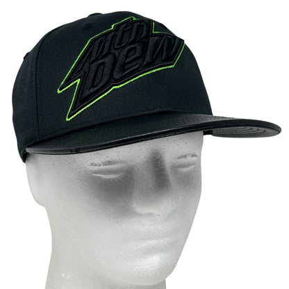 Black Mountain Dew snapback hat with embroidered logo on the front and flat brim for casual wear