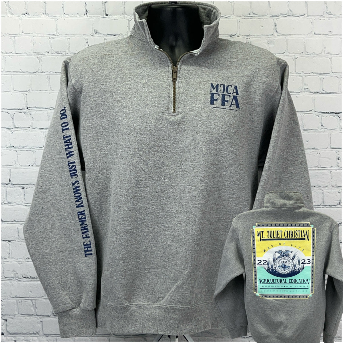 Jerzees gray quarter-zip sweatshirt size medium featuring Mt Juliet Christian logo and agricultural design