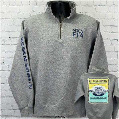Jerzees gray quarter-zip sweatshirt size medium featuring Mt Juliet Christian logo and agricultural design