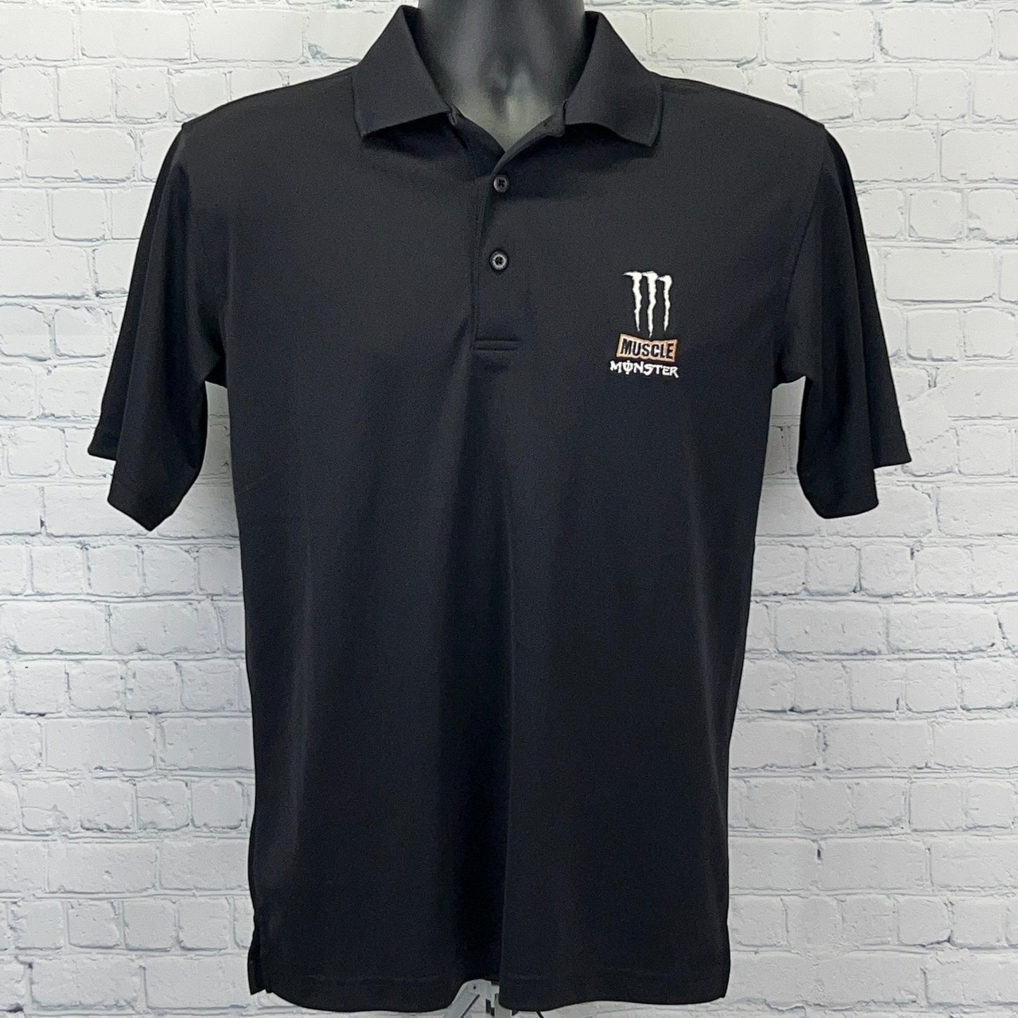 Black Muscle Monster Energy Polo Shirt with Front Logo for Casual Wear in Small
