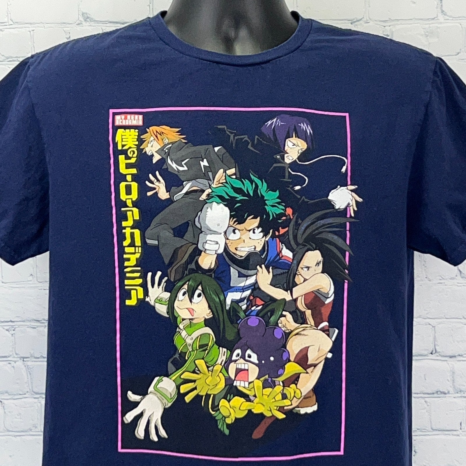Navy My Hero Academia T-shirt featuring colorful characters in an action pose on the front