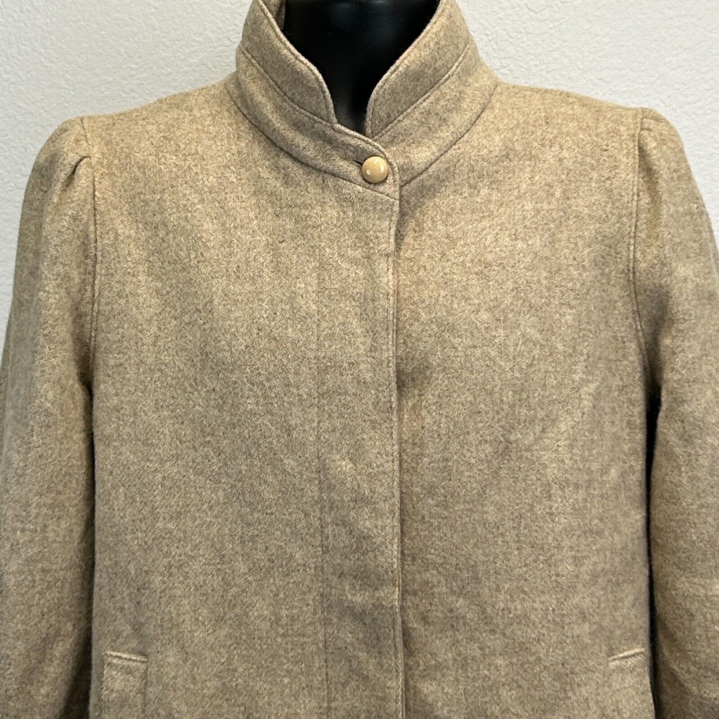 Vintage Tweed Wool Coat Womens Medium Stand Collar Made In USA Jacket Beige