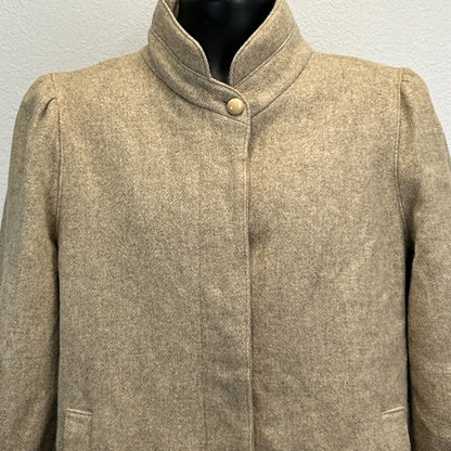 Abrigo de lana de tweed vintage para mujer, cuello alto medio, chaqueta beige fabricada en EE. UU.