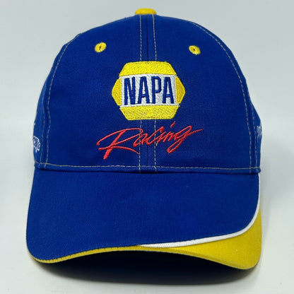 Front view of a blue NAPA Hat with yellow accents and embroidered NAPA Racing logo