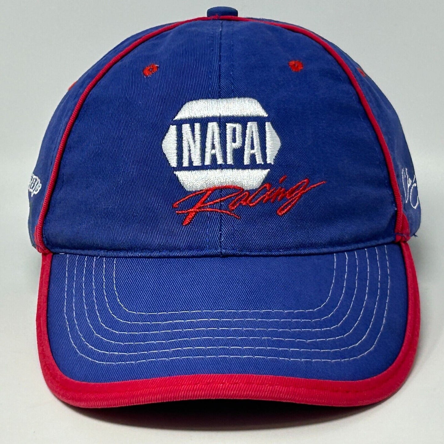 Front view of blue NAPA Racing hat with red accents and embroidered NASCAR NHRA NAPA logo