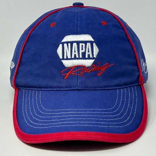 Front view of blue NAPA Racing hat with red accents and embroidered NASCAR NHRA NAPA logo