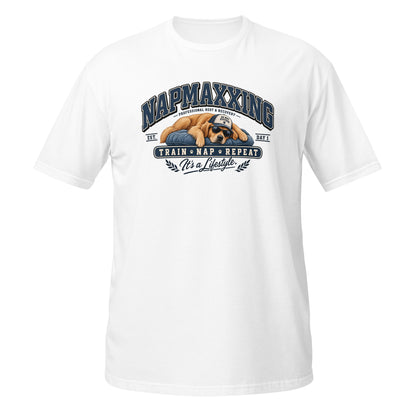 Napmaxxing T-shirt with graphic design featuring a dog napping, front view